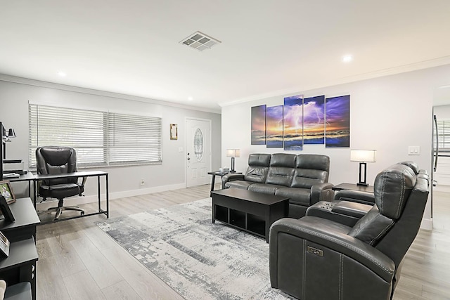 2388 SW Congress Blvd, Boynton Beach, FL 33426 - living room with crown molding, a desk, light wood-type flooring, recessed lighting, and baseboards