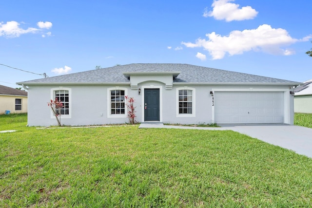 1552 SW Neponset Rd, Port Saint Lucie, FL 34953 - ranch-style house featuring stucco siding, a garage, driveway, a front lawn, and a shingled roof