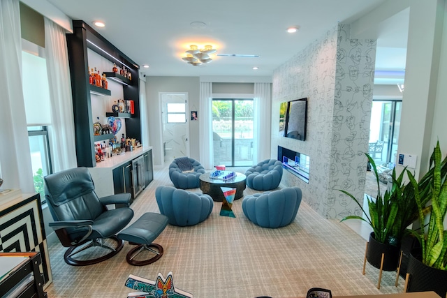 8305 Fishhawk Falls Ct, Boca Raton, FL 33496 - carpeted living room with a dry bar, a fireplace, and recessed lighting