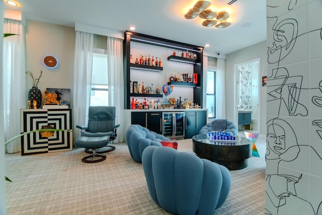 8305 Fishhawk Falls Ct, Boca Raton, FL 33496 - living room with a bar, wine cooler, carpet flooring, and recessed lighting