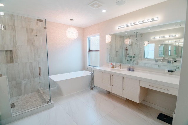 8305 Fishhawk Falls Ct, Boca Raton, FL 33496 - full bath with a freestanding tub, a shower stall, vanity, and recessed lighting
