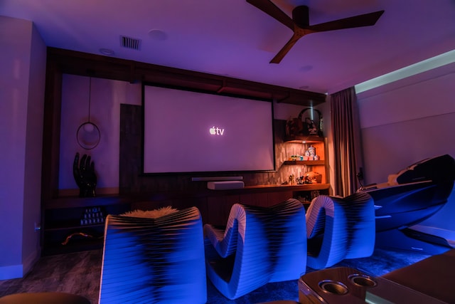 8305 Fishhawk Falls Ct, Boca Raton, FL 33496 - cinema with a ceiling fan, a bar, and baseboards