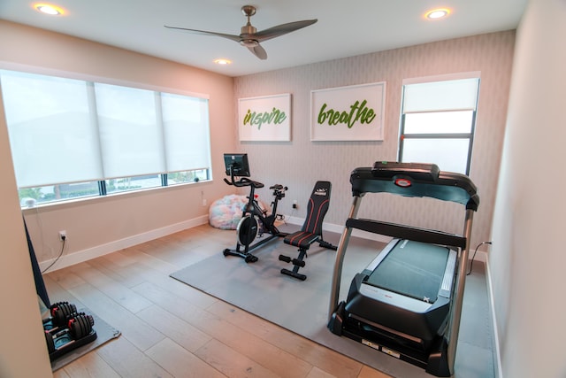 8305 Fishhawk Falls Ct, Boca Raton, FL 33496 - exercise room with a ceiling fan, baseboards, wood finished floors, recessed lighting, and wallpapered walls