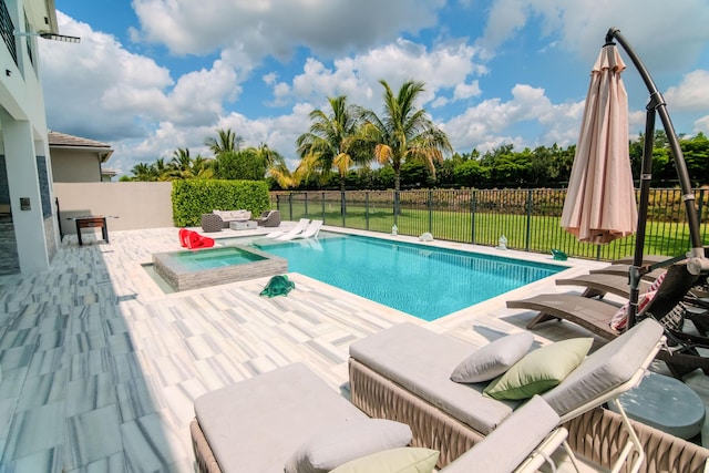 8305 Fishhawk Falls Ct, Boca Raton, FL 33496 - view of swimming pool featuring a patio, a fenced backyard, an in-ground hot tub, and an outdoor living space
