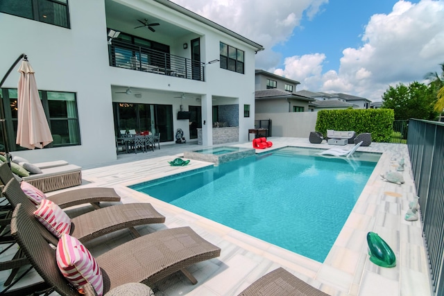 8305 Fishhawk Falls Ct, Boca Raton, FL 33496 - view of pool with a ceiling fan, outdoor dining area, a patio area, and an outdoor living space