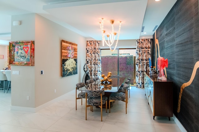 8305 Fishhawk Falls Ct, Boca Raton, FL 33496 - dining room featuring baseboards, an accent wall, a chandelier, and recessed lighting