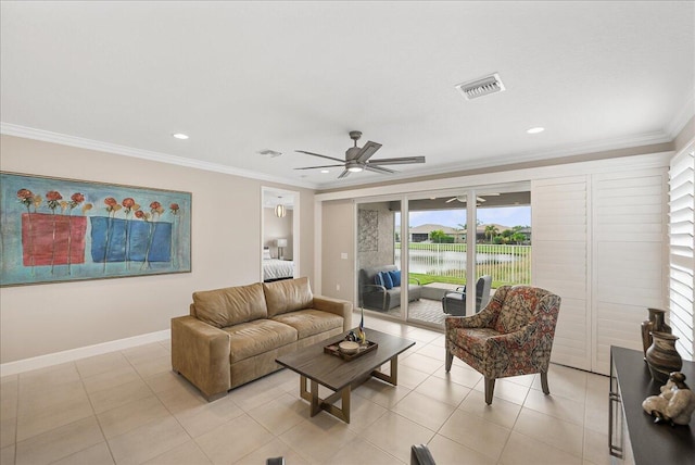 11688 SW Brighton Falls Dr, Port Saint Lucie, FL 34987 - living room featuring ornamental molding, a ceiling fan, light tile patterned floors, baseboards, and a water view