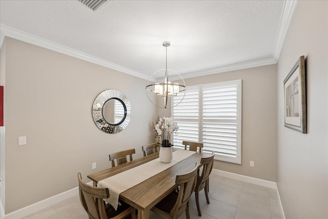 11688 SW Brighton Falls Dr, Port Saint Lucie, FL 34987 - dining space featuring crown molding, a chandelier, baseboards, light tile patterned floors, and a textured ceiling