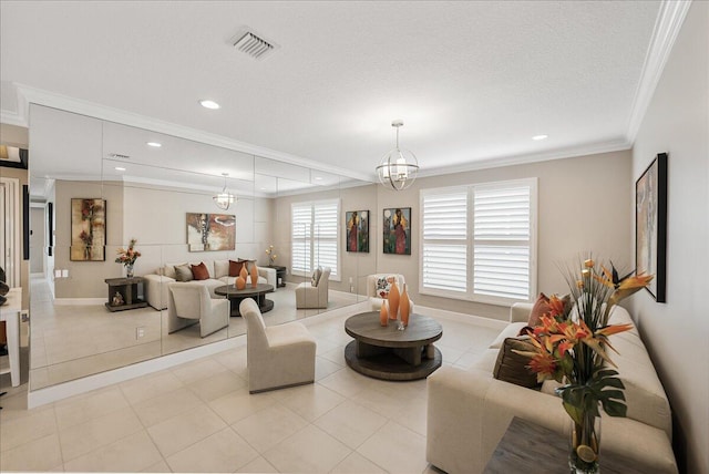 11688 SW Brighton Falls Dr, Port Saint Lucie, FL 34987 - living room featuring crown molding, recessed lighting, light tile patterned floors, baseboards, and a chandelier