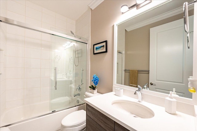 11688 SW Brighton Falls Dr, Port Saint Lucie, FL 34987 - full bathroom featuring toilet, vanity, enclosed tub / shower combo, and ornamental molding