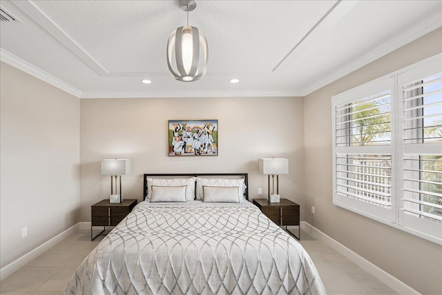 11688 SW Brighton Falls Dr, Port Saint Lucie, FL 34987 - bedroom featuring light tile patterned flooring, ornamental molding, recessed lighting, and baseboards