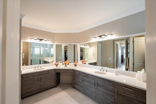 11688 SW Brighton Falls Dr, Port Saint Lucie, FL 34987 - full bath with double vanity, ornamental molding, a stall shower, and tile patterned floors
