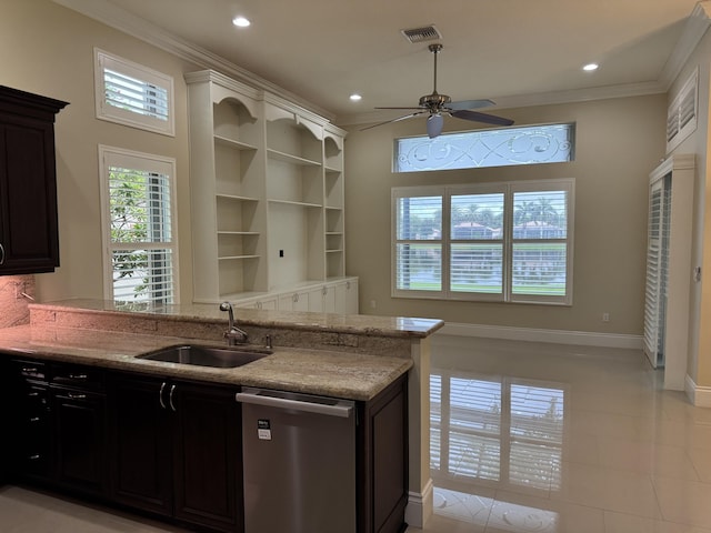 10469 Whitewind Cir, Boynton Beach, FL 33473 - kitchen featuring stainless steel dishwasher, a sink, crown molding, a ceiling fan, and a peninsula