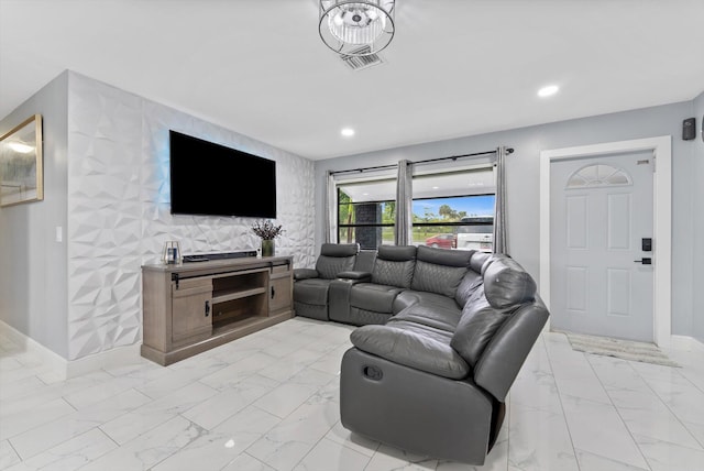 4501 N Australian Ave, West Palm Beach, FL 33407 - living area with light marble finish floors, baseboards, and recessed lighting