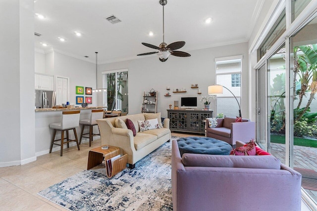 102 Andalusia Way, Palm Beach Gardens, FL 33418 - living room featuring crown molding, a ceiling fan, light tile patterned flooring, recessed lighting, and baseboards