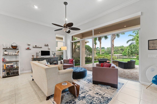 102 Andalusia Way, Palm Beach Gardens, FL 33418 - living room featuring light tile patterned floors, ornamental molding, ceiling fan, baseboards, and recessed lighting