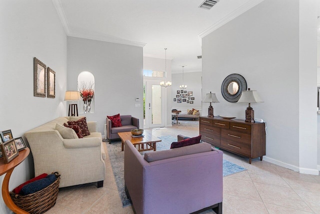102 Andalusia Way, Palm Beach Gardens, FL 33418 - living area with crown molding, light tile patterned floors, baseboards, and a chandelier
