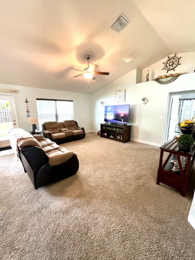 1206 SW Bargello Ave SW, Port Saint Lucie, FL 34953 - living room featuring carpet, lofted ceiling, a ceiling fan, and baseboards
