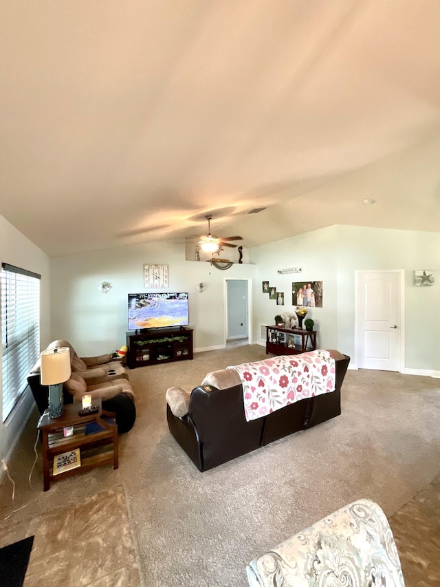 1206 SW Bargello Ave SW, Port Saint Lucie, FL 34953 - carpeted living room featuring lofted ceiling, ceiling fan, and baseboards