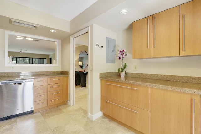 1700 Presidential Way Unit 201, West Palm Beach, FL 33401 - kitchen featuring dishwasher, electric panel, recessed lighting, baseboards, and light stone counters
