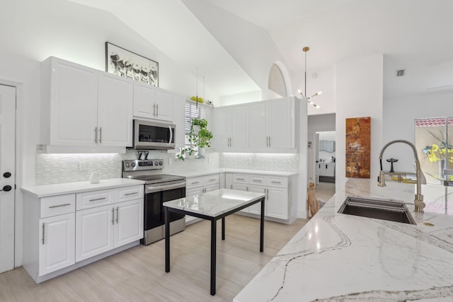 13853 Palm Grove Pl, West Palm Beach, FL 33418 - kitchen featuring appliances with stainless steel finishes, a sink, high vaulted ceiling, white cabinets, and decorative backsplash