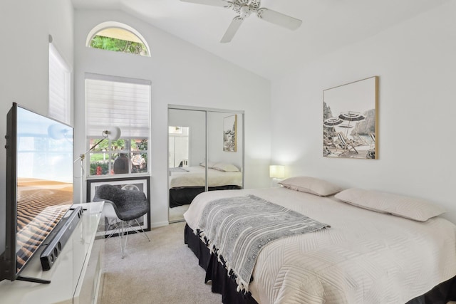 13853 Palm Grove Pl, West Palm Beach, FL 33418 - carpeted bedroom with a closet, a ceiling fan, and high vaulted ceiling