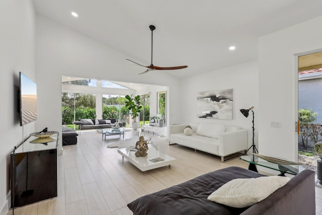 13853 Palm Grove Pl, West Palm Beach, FL 33418 - living room featuring ceiling fan, high vaulted ceiling, and recessed lighting