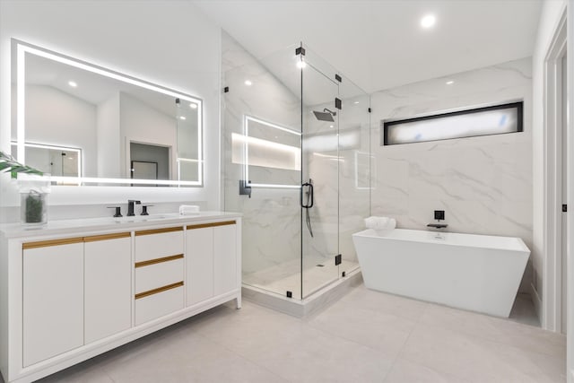 3099 NW 25th Way, Boca Raton, FL 33434 - full bathroom featuring a soaking tub, vanity, a marble finish shower, lofted ceiling, and recessed lighting