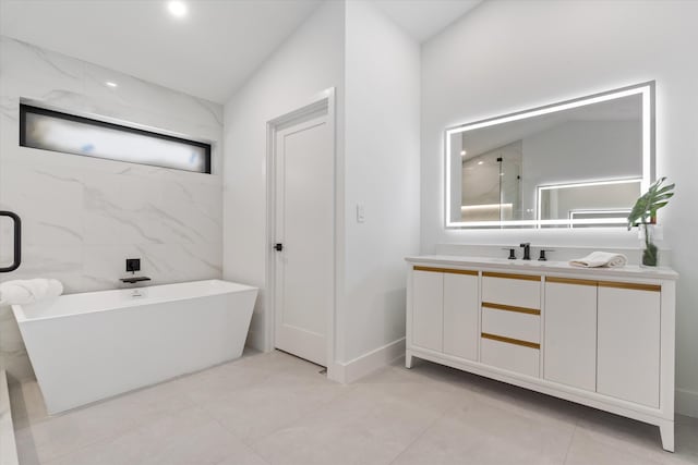 3099 NW 25th Way, Boca Raton, FL 33434 - bathroom with vanity, a freestanding tub, a shower, and tile patterned flooring