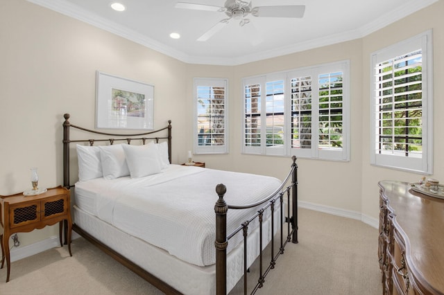 7030 Boscanni Dr Unit 7030, Boynton Beach, FL 33437 - bedroom featuring light colored carpet, baseboards, recessed lighting, ornamental molding, and a ceiling fan