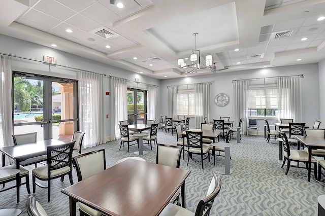 7030 Boscanni Dr Unit 7030, Boynton Beach, FL 33437 - dining room with light colored carpet, french doors, a chandelier, baseboards, and recessed lighting