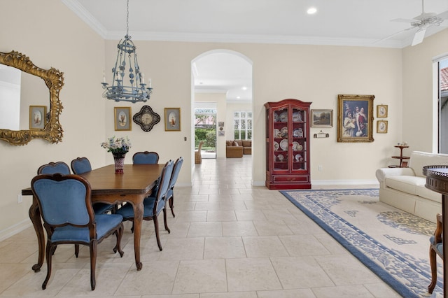 7030 Boscanni Dr Unit 7030, Boynton Beach, FL 33437 - dining room featuring arched walkways, ornamental molding, baseboards, ceiling fan, and recessed lighting
