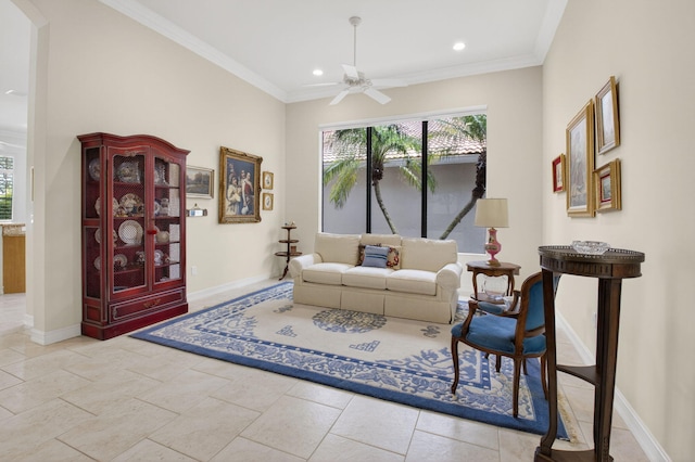 7030 Boscanni Dr Unit 7030, Boynton Beach, FL 33437 - living room with recessed lighting, a ceiling fan, baseboards, and ornamental molding