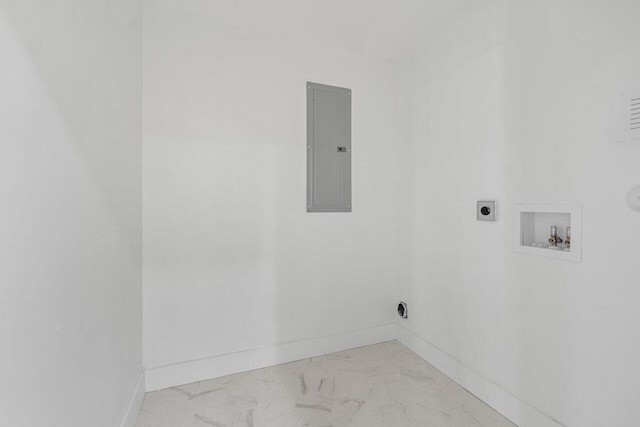 1188 W Camino Real, Boca Raton, FL 33486 - laundry room featuring electric panel, light marble finish floors, baseboards, and electric dryer hookup