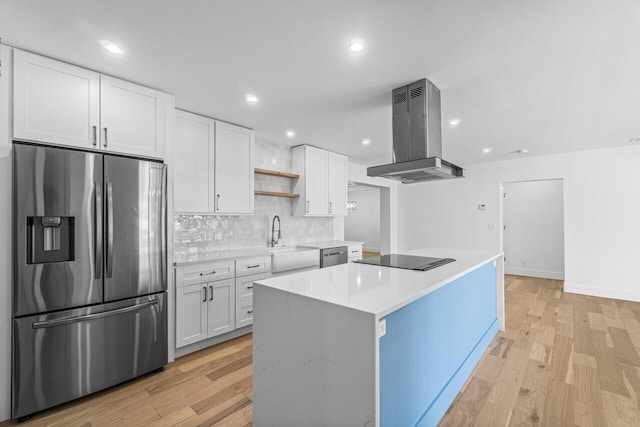 1188 W Camino Real, Boca Raton, FL 33486 - kitchen featuring appliances with stainless steel finishes, island range hood, a sink, open shelves, and white cabinetry