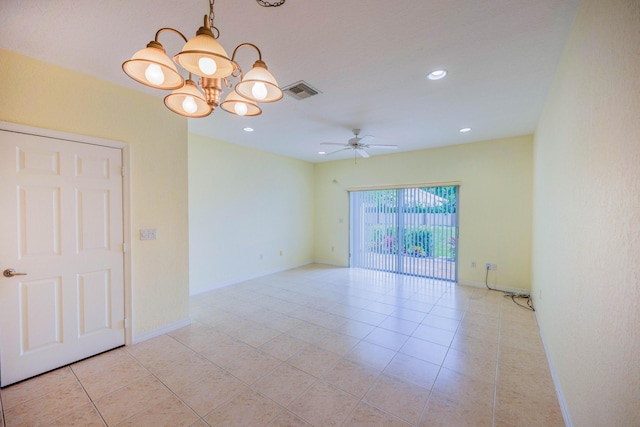 5441 Via Delray Unit 17, Delray Beach, FL 33484 - spare room with ceiling fan, a chandelier, light tile patterned floors, baseboards, and recessed lighting