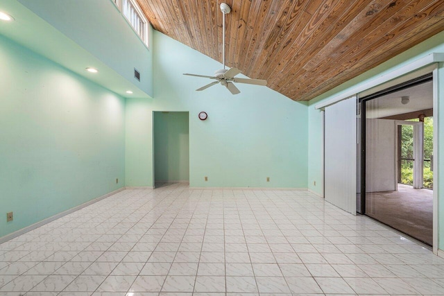 4744 Dolphin Dr, Lake Worth, FL 33463 - empty room with wood ceiling, a ceiling fan, recessed lighting, baseboards, and high vaulted ceiling