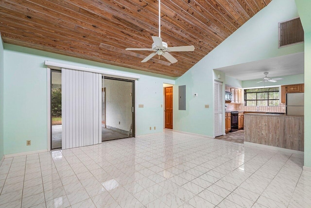 4744 Dolphin Dr, Lake Worth, FL 33463 - unfurnished living room featuring a ceiling fan, wooden ceiling, electric panel, high vaulted ceiling, and baseboards