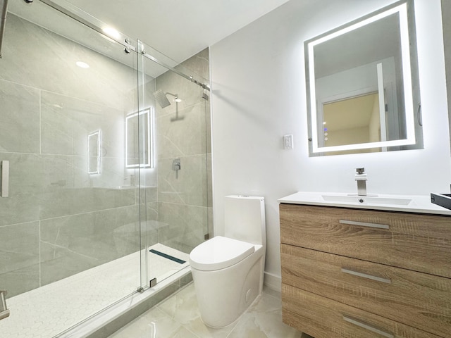 15809 85th Rd N, The Acreage, FL 33470 - bathroom featuring vanity, a shower stall, toilet, and marble look tile flooring