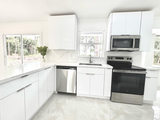 15809 85th Rd N, The Acreage, FL 33470 - kitchen with stainless steel appliances, a sink, light marble finish floors, and decorative backsplash
