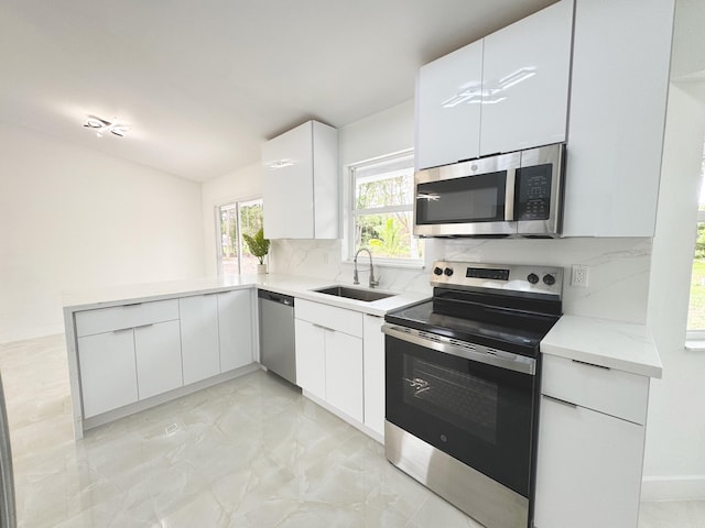 15809 85th Rd N, The Acreage, FL 33470 - kitchen with appliances with stainless steel finishes, a sink, tasteful backsplash, modern cabinets, and white cabinets