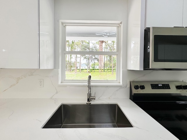 15809 85th Rd N, The Acreage, FL 33470 - kitchen featuring stainless steel microwave, range with electric stovetop, a sink, white cabinetry, and light stone counters