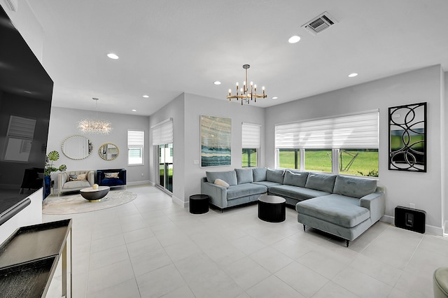 5452 Macoon Way, Westlake, FL 33470 - living room featuring a chandelier, recessed lighting, baseboards, and light tile patterned flooring