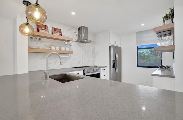 2768 Carambola Cir S Unit 301, Coconut Creek, FL 33066 - kitchen featuring open shelves, island range hood, a sink, stainless steel fridge with ice dispenser, and recessed lighting
