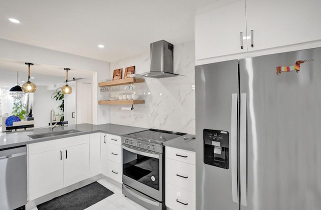 2768 Carambola Cir S Unit 301, Coconut Creek, FL 33066 - kitchen featuring stainless steel appliances, a sink, wall chimney exhaust hood, open shelves, and decorative backsplash