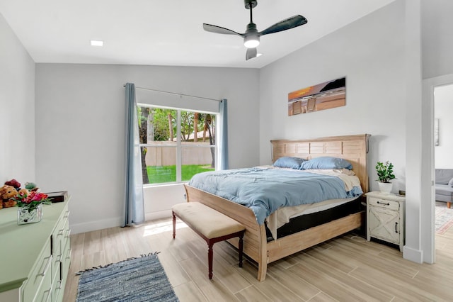 9640 Cherry Blossom Ct, Boynton Beach, FL 33437 - bedroom with light wood-style flooring, baseboards, ceiling fan, and lofted ceiling