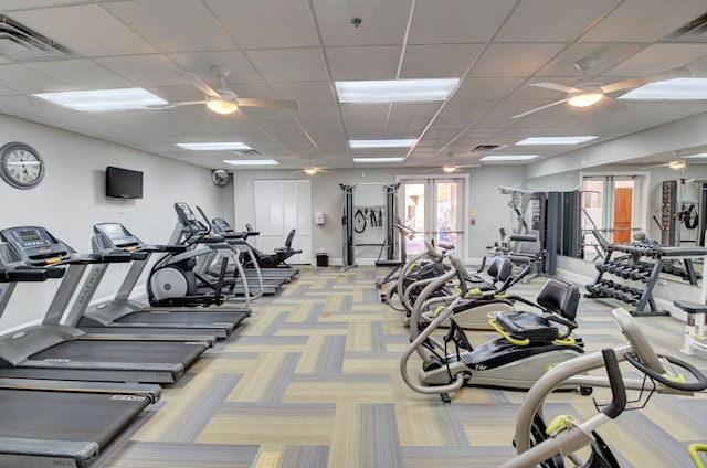 9640 Cherry Blossom Ct, Boynton Beach, FL 33437 - exercise room featuring a ceiling fan, carpet flooring, and a paneled ceiling