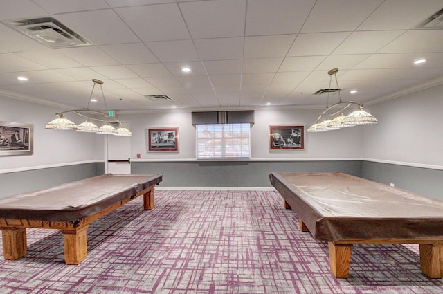 9640 Cherry Blossom Ct, Boynton Beach, FL 33437 - recreation room featuring billiards, ornamental molding, carpet floors, recessed lighting, and baseboards