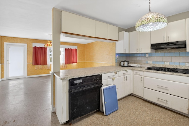 1115 S Seacrest Blvd, Boynton Beach, FL 33435 - kitchen featuring under cabinet range hood, black gas cooktop, light countertops, tasteful backsplash, and hanging light fixtures