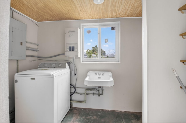 1115 S Seacrest Blvd, Boynton Beach, FL 33435 - laundry room with washer / dryer, electric panel, wood ceiling, and water heater